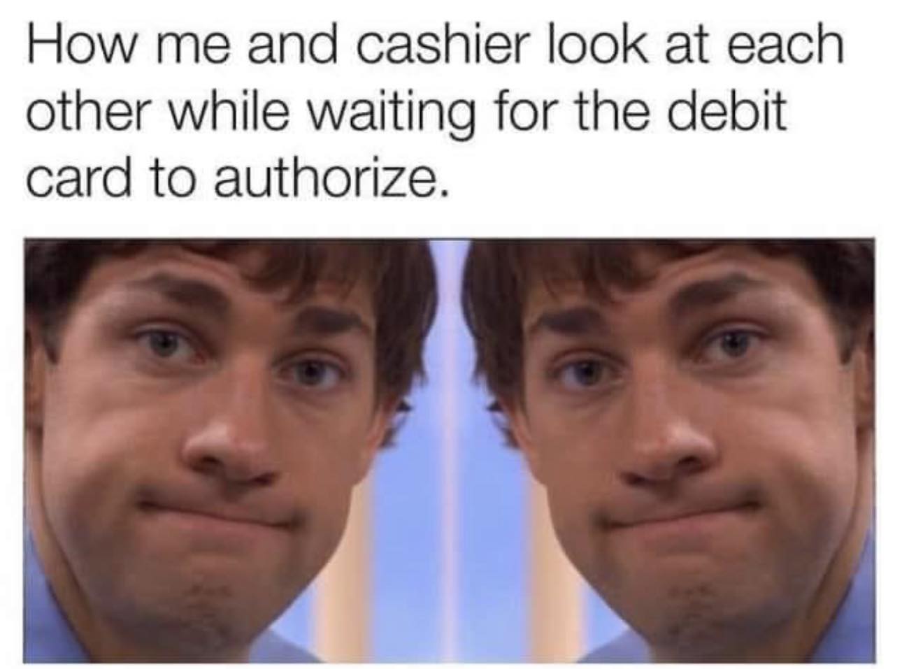 This meme depicts a humorous interaction between two people. The top text reads "How me and my friend when..." and the image shows two identical, exaggerated facial expressions of confusion and surprise, with the caption "when we're trying to figure out who's buying the coffee".